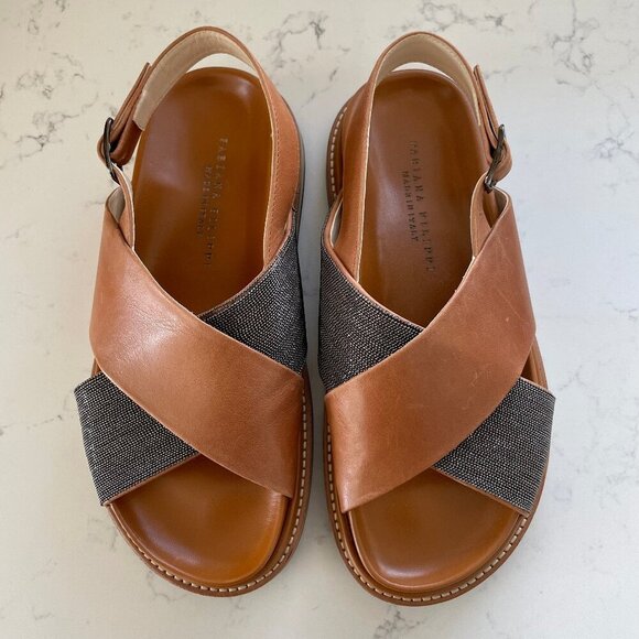 Fabiana Filippi Designer Leather + Beaded Cross Over Platform Sandals Tan Sz 40 - Picture 1 of 13